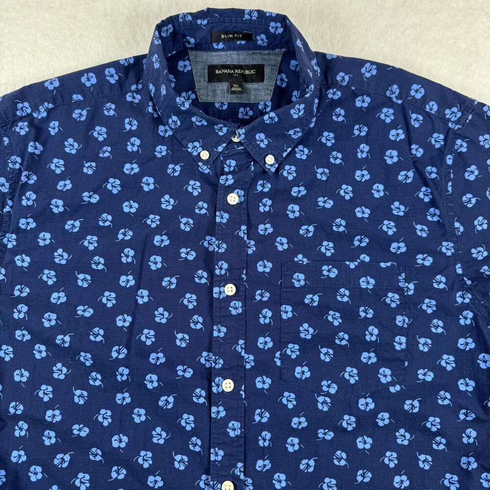 Banana Republic Shirt Mens Size XL Blue Floral Slim Fit Short Sleeve Button Up